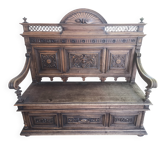 Banquette-coffre ancienne style Henri II / Néo-Renaissance en bois sculpté