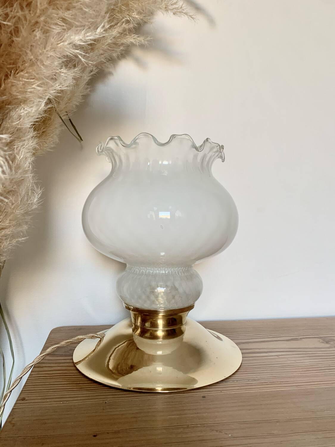 Vintage Table Lamp with White Globe and Antique Brass Base - Elegant Lighting with Braided Gold Wire