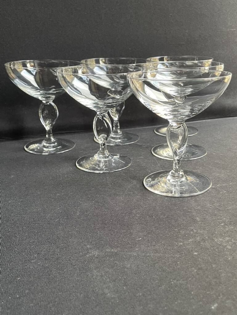 6 light crystal champagne glasses with twisted leg, early 20th century