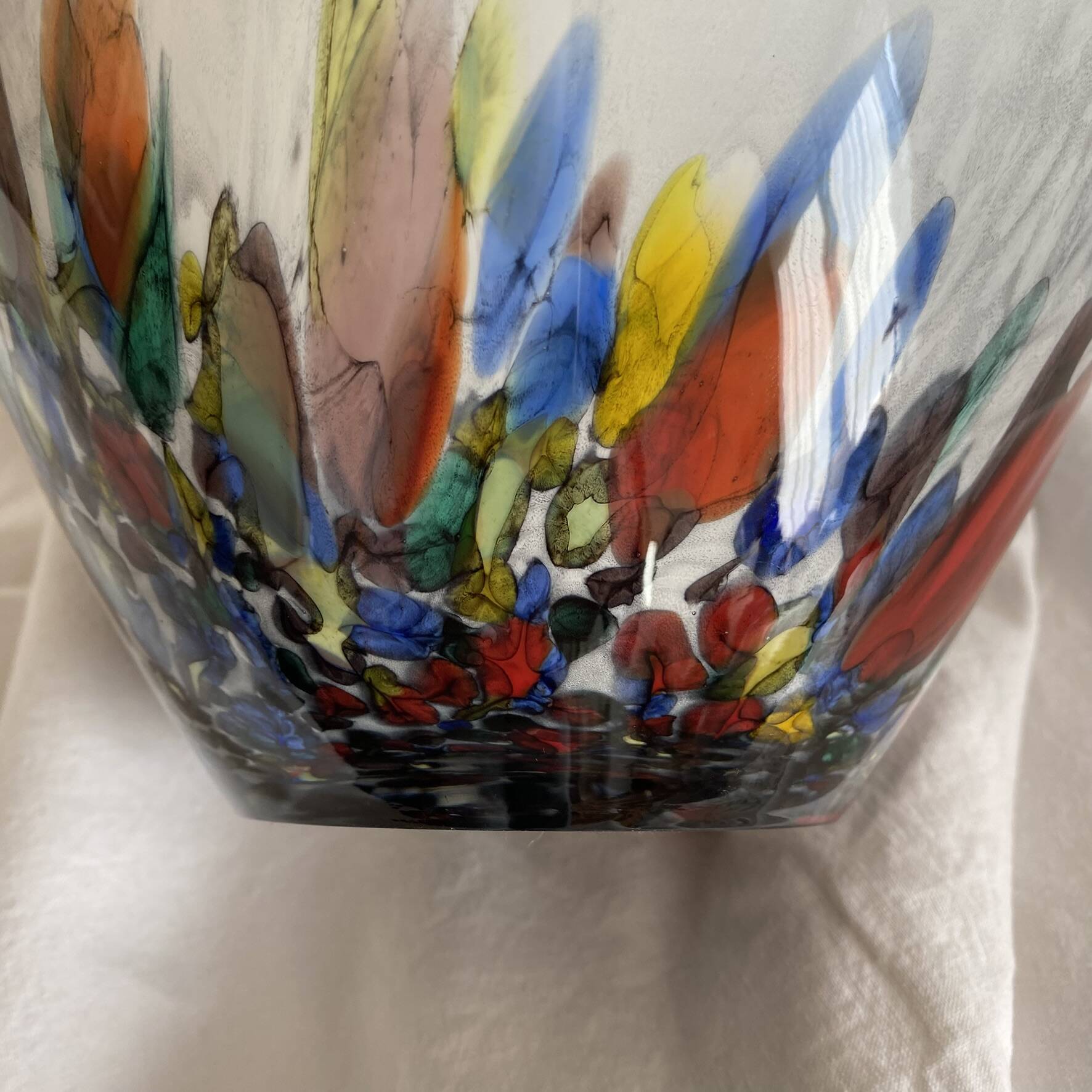 Large blown glass vase with polychrome inclusions in the Murano style.