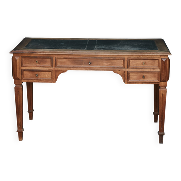 Bureau ancien en bois avec plateau gainé et 5 tiroirs