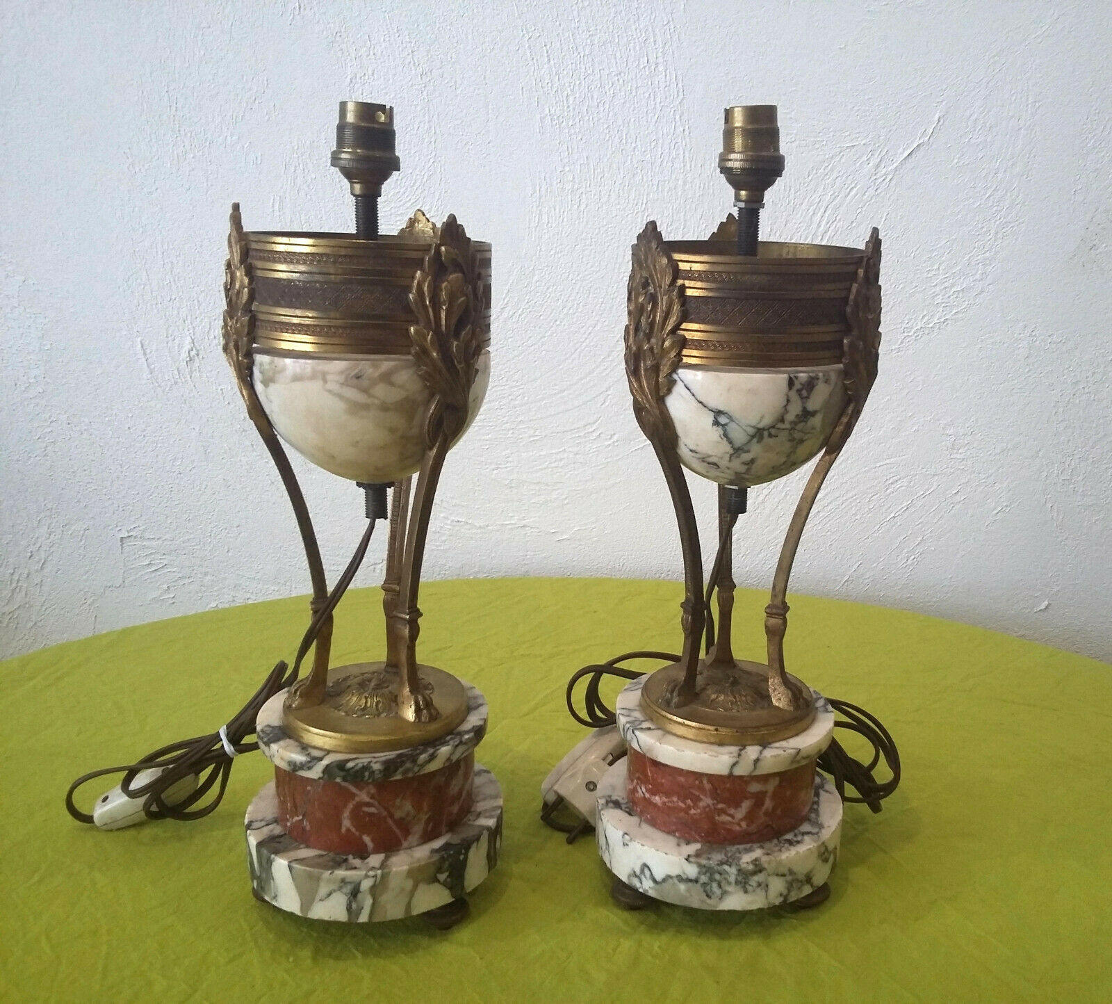 Pair of Athenian lamps in marble and bronze