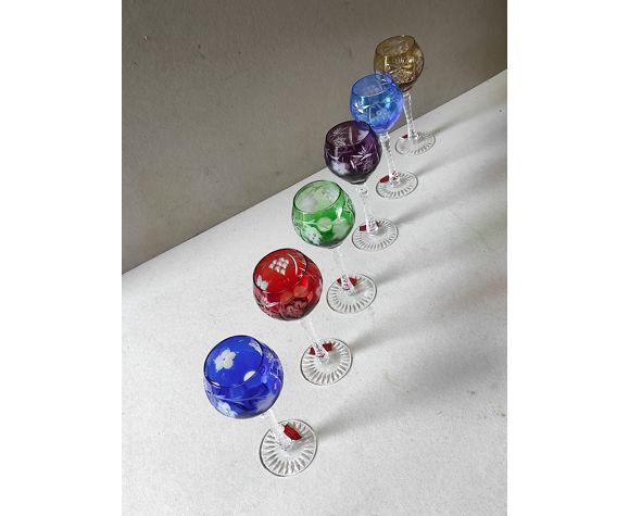 Series of 6 colorful Lorraine crystal roemers