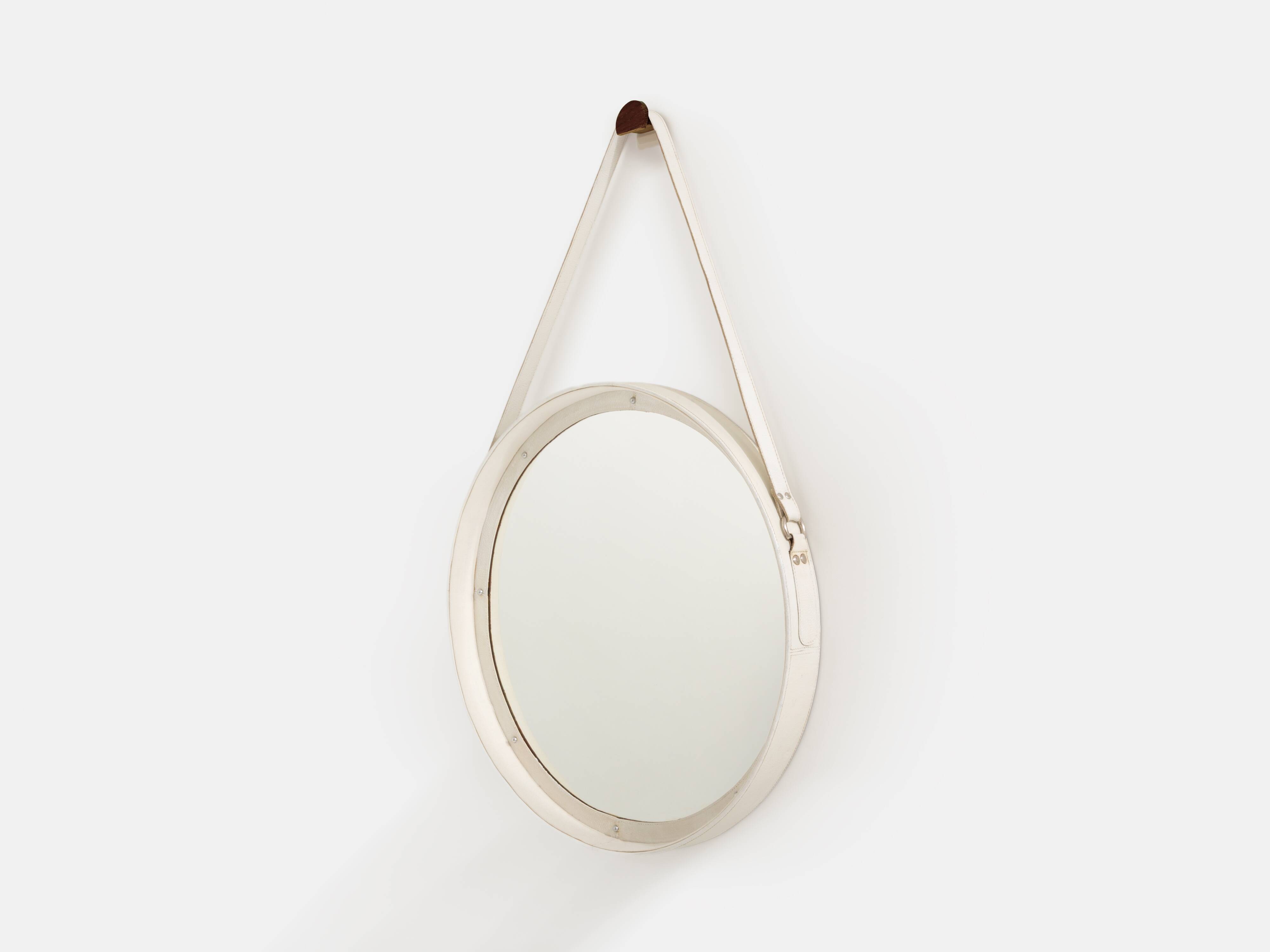 Jacques Adnet original cream leather mirror from around 1940.