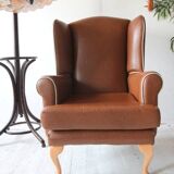 Vintage brown leatherette wingback armchair set, light wood legs, 1960s.
