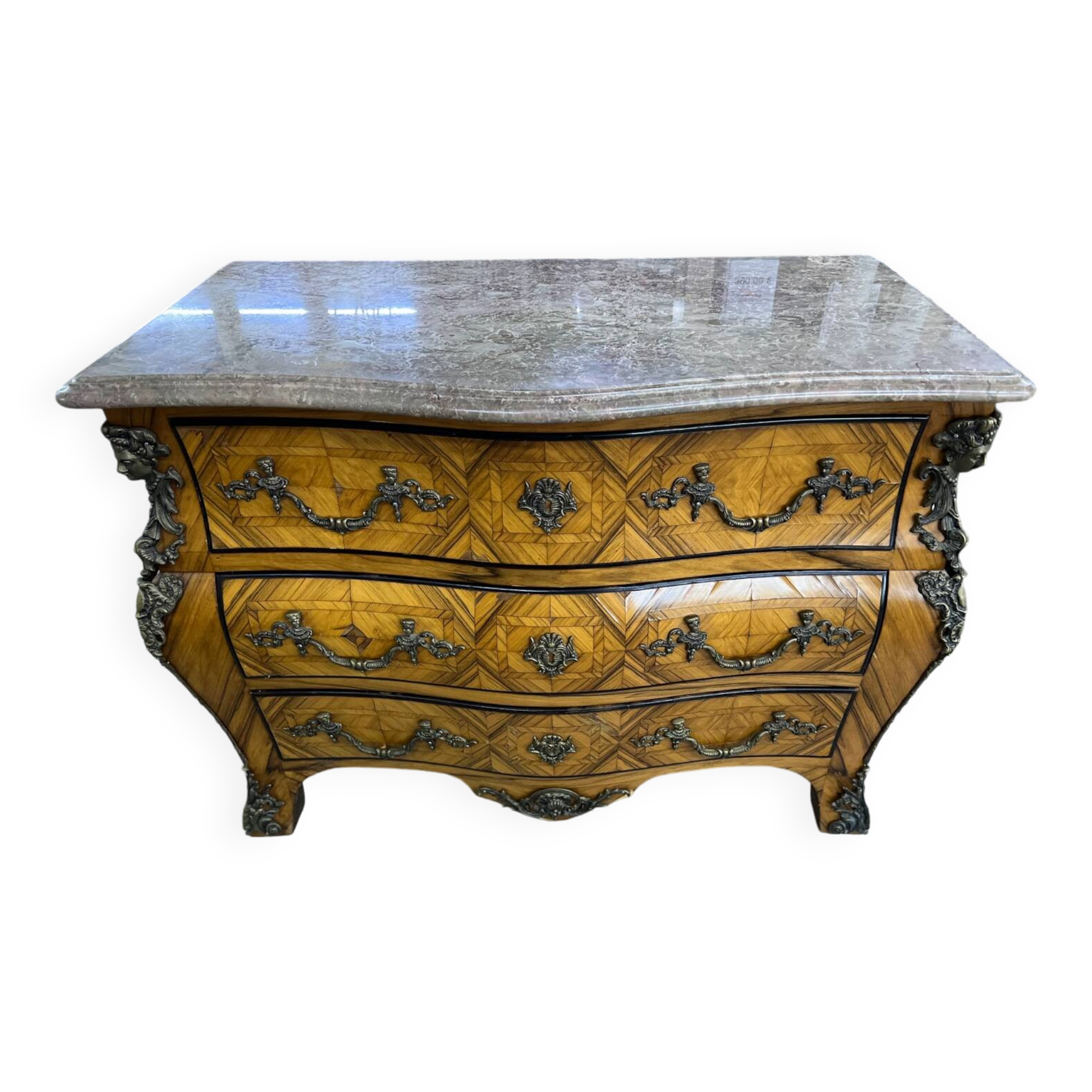Louis XV style tomb chest of drawers in marquetry and marble