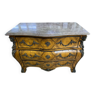 Louis XV style tomb chest of drawers in marquetry and marble