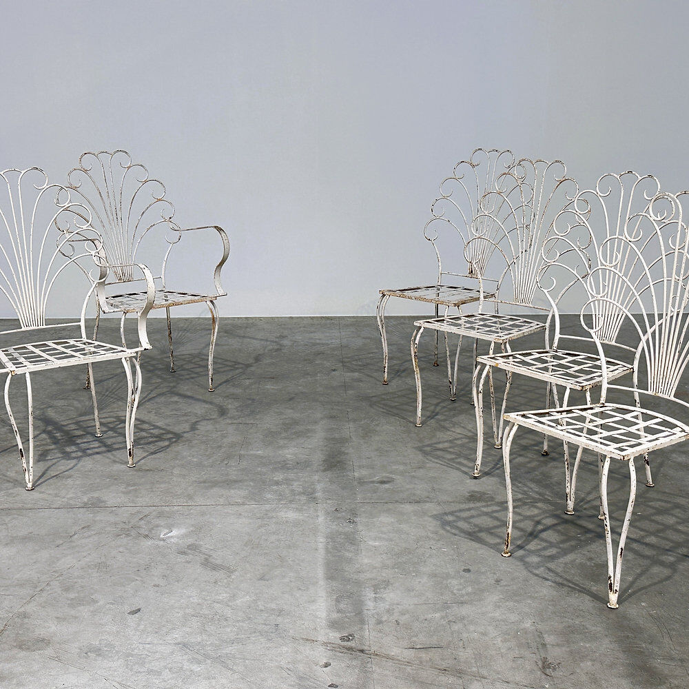 Rare exquisite set of six French peacock garden patio chairs, 1950s