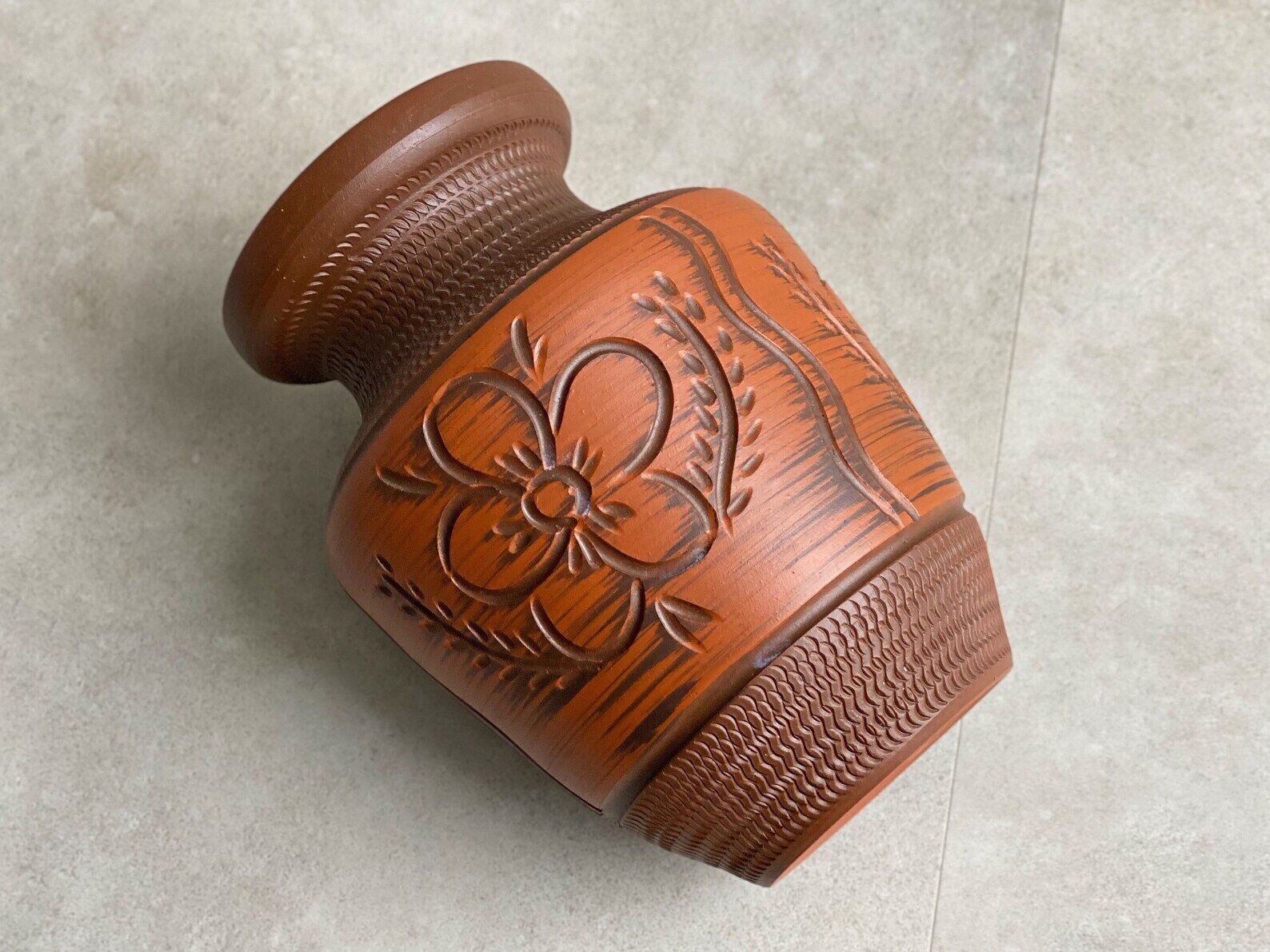 Vintage brown ceramic German vase, Mid Century terracotta pottery