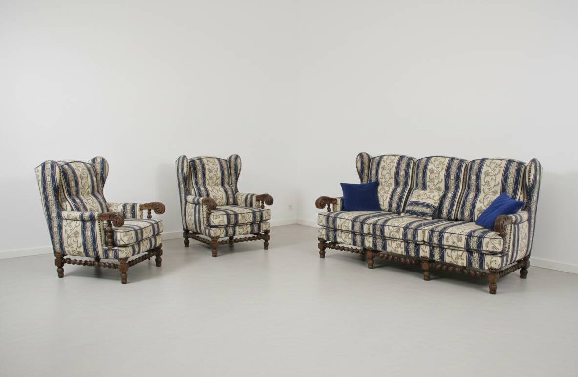 Louis XIII salon in turned wood – Sofa and pair of armchairs