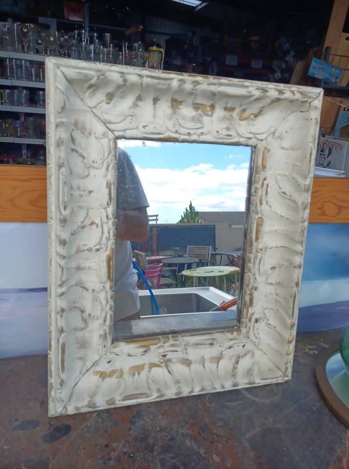 Miroir vintage bois et enduit