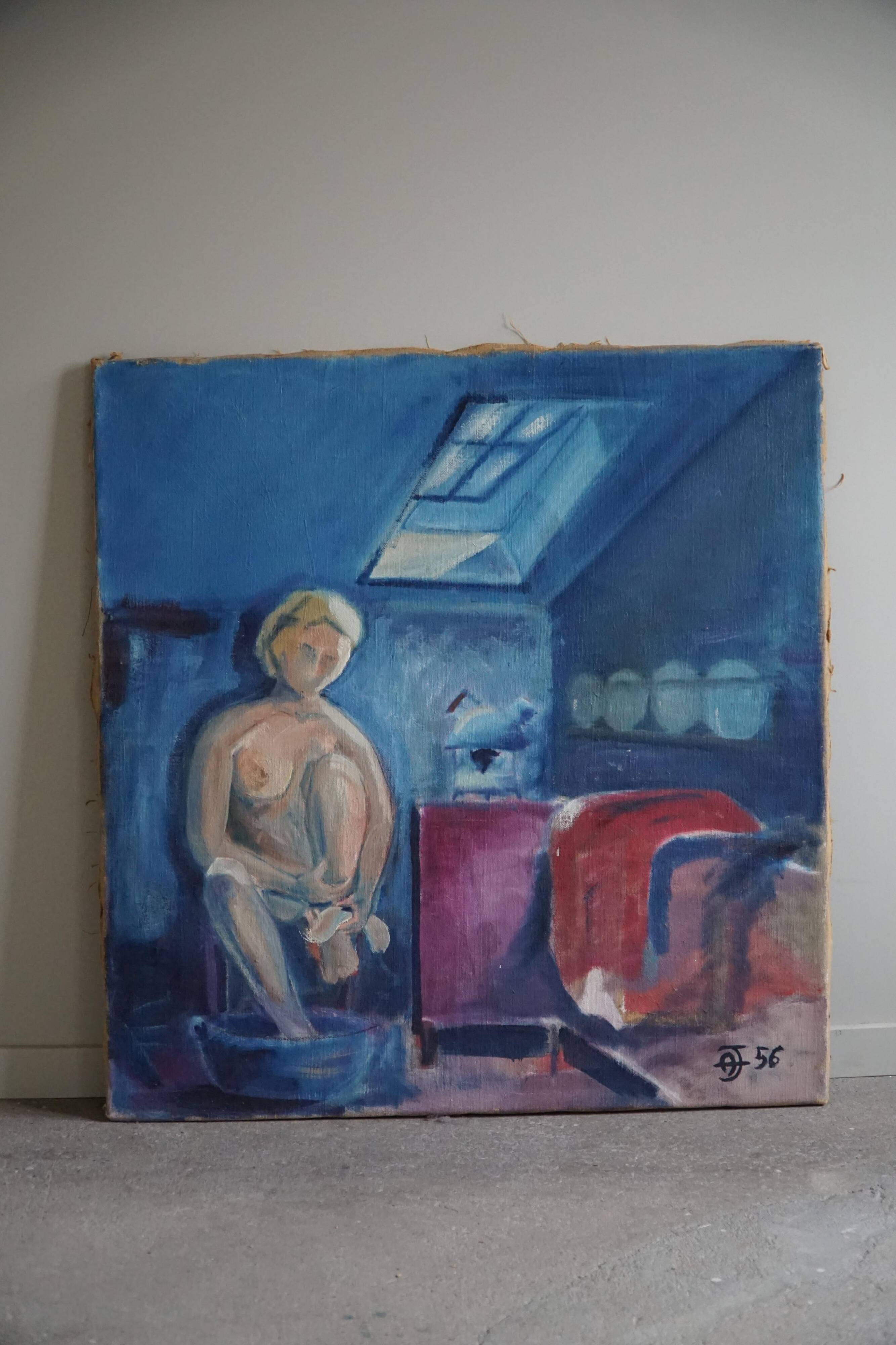 Large oil painting on canvas, unknown artist, 1956, mid-century Danish.