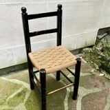Chaise Italienne Vintage Laquée Noire Corde Tressée