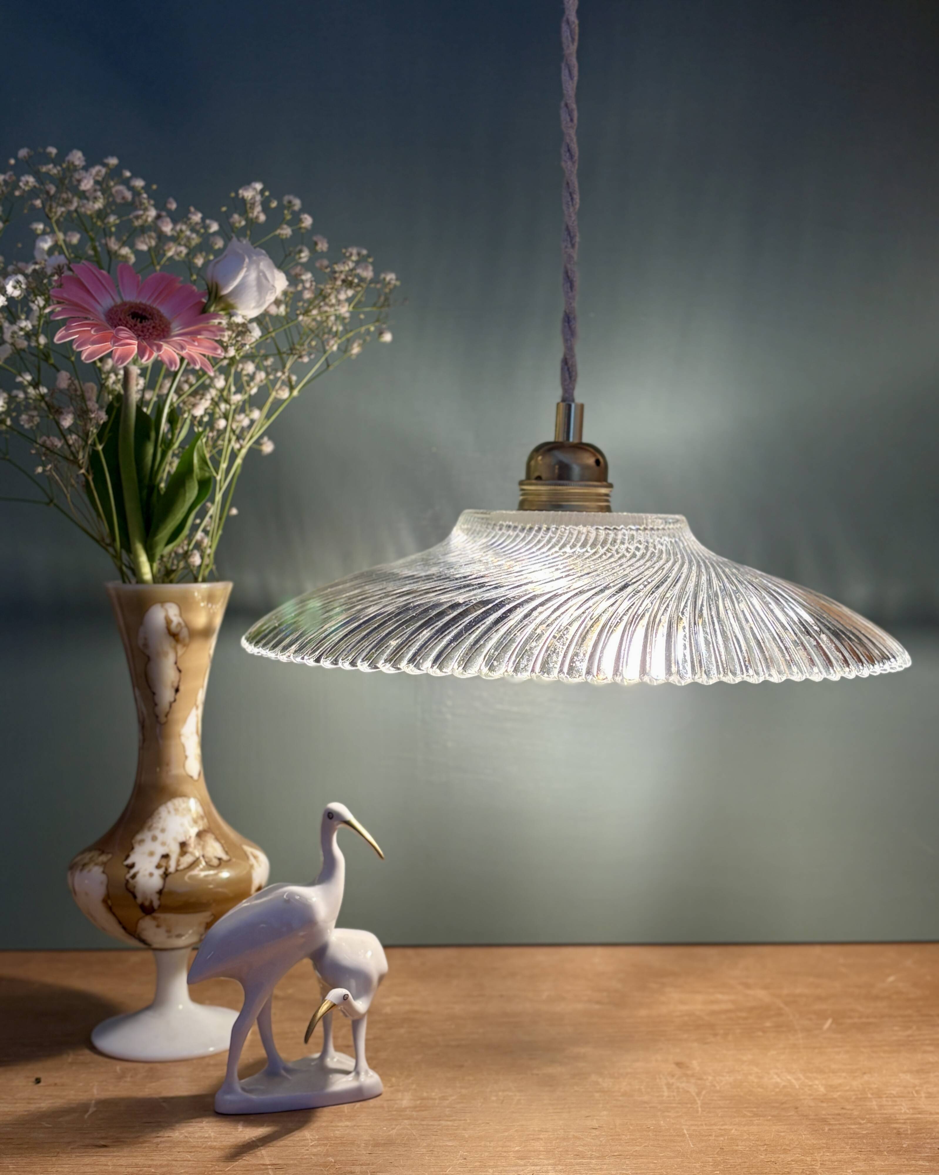 Vintage molded ribbed glass lampshade pendant light - tableware collection -