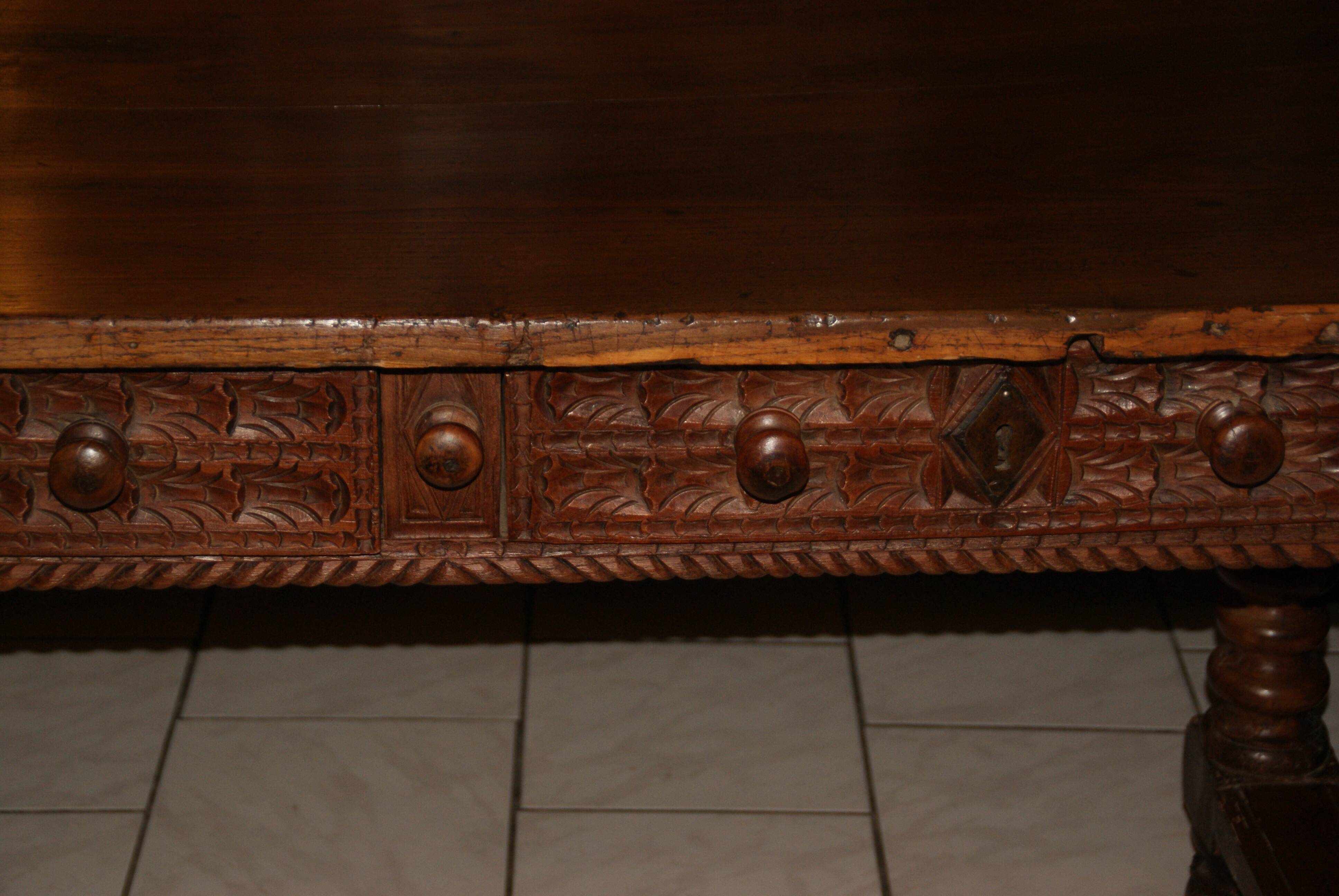 SAVOYARD CHALET TABLE, carved, with two drawers, late 18th century