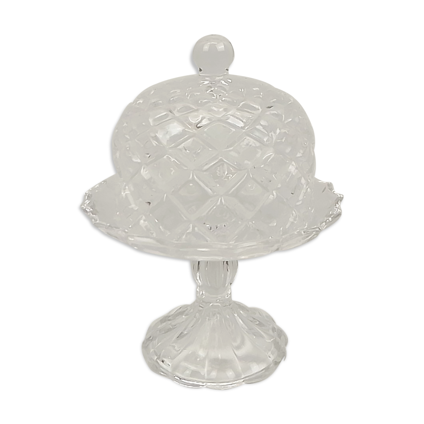 Display under bell in transparent glass patterns in relief