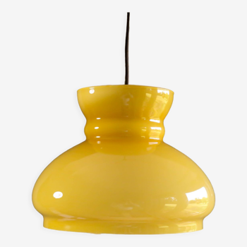 Suspension ancienne en verre jaune montée avec câble neuf et douille neuve - circa 1950