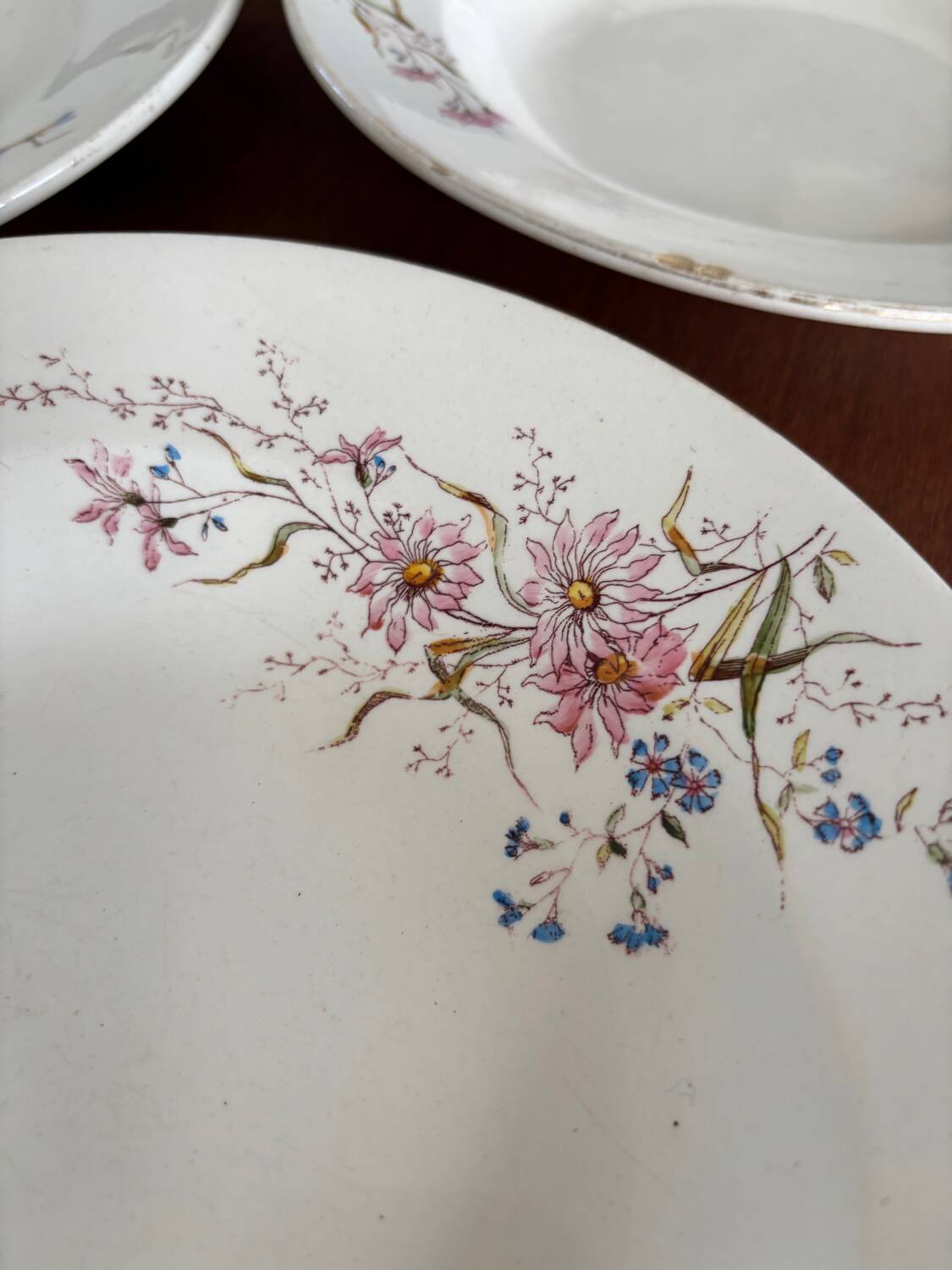 Set of 6 soup plates and 1 dish in polychrome ironstone Choisy-le-Roi