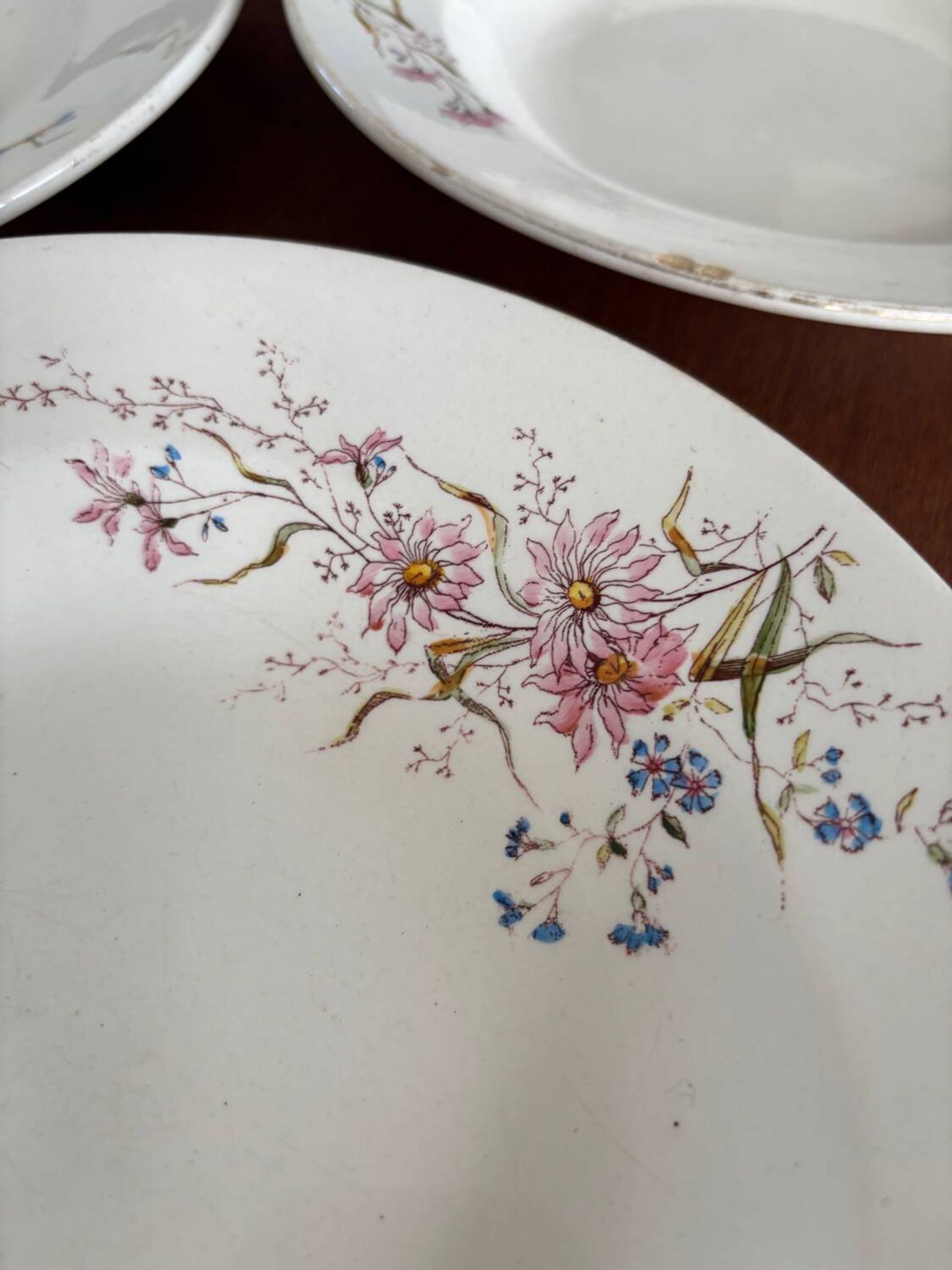 Ensemble de 6 assiettes creuses et 1 plat en terre de fer polychrome Choisy-le-Roi