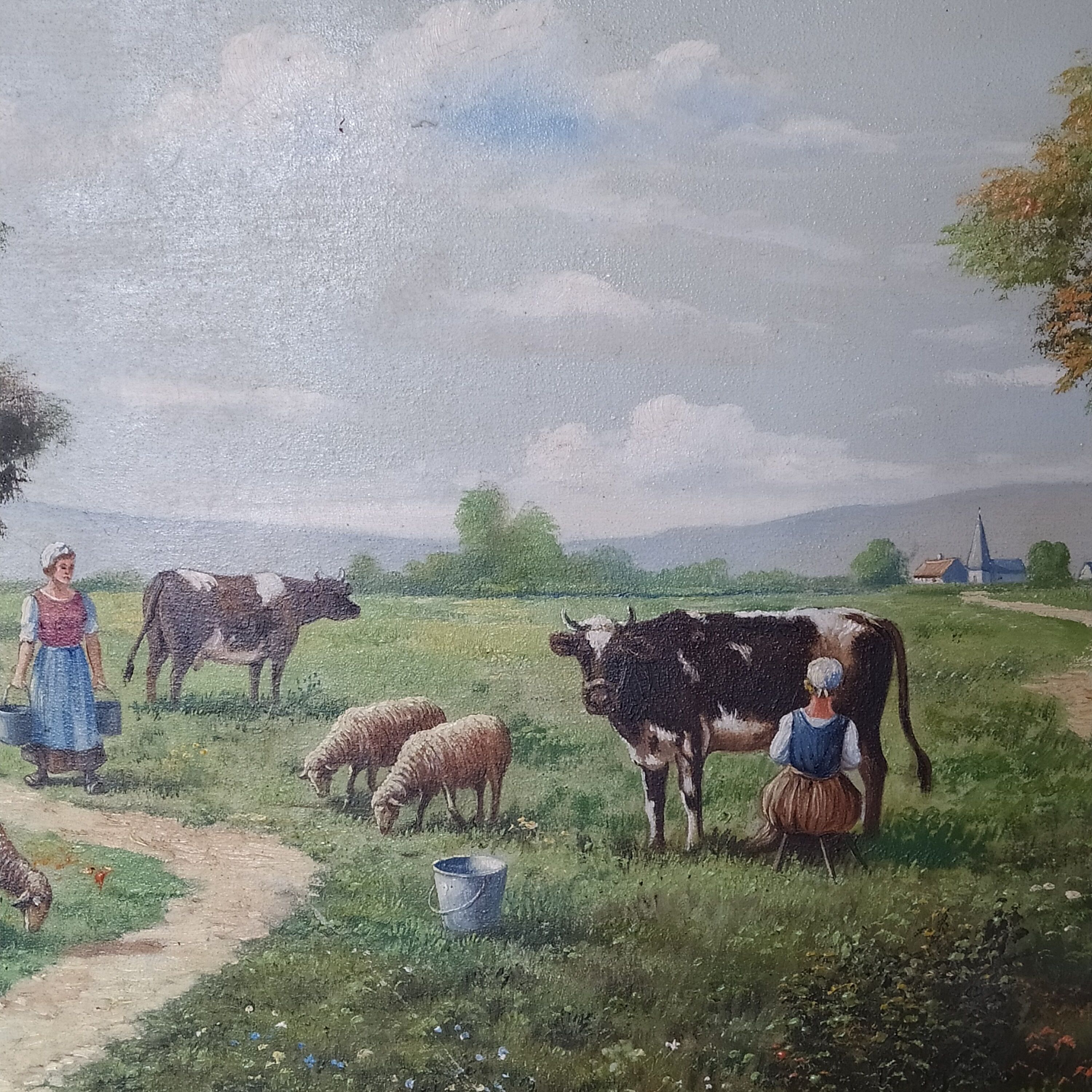 Tableau ancien 1950 la traite des vaches signee R Sarot
