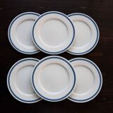 6 vintage Lustucru porcelain plates with a blue checkerboard pattern
