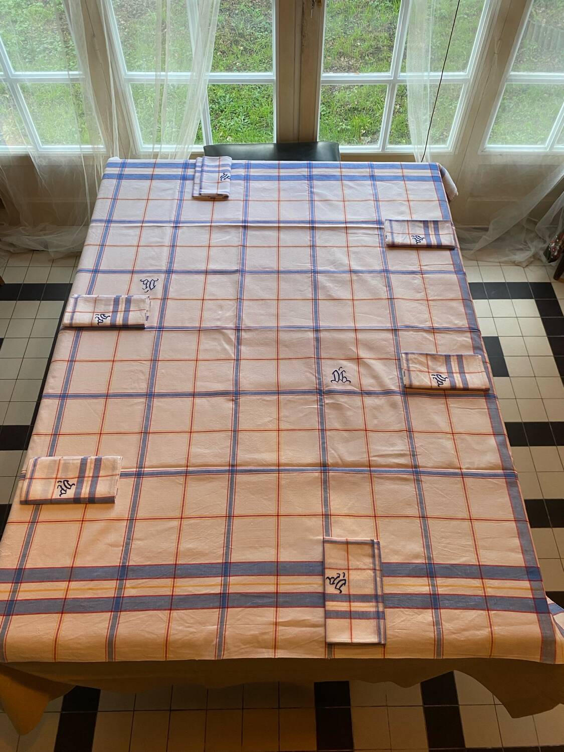Embroidered checkered tablecloth with its 6 embroidered napkins