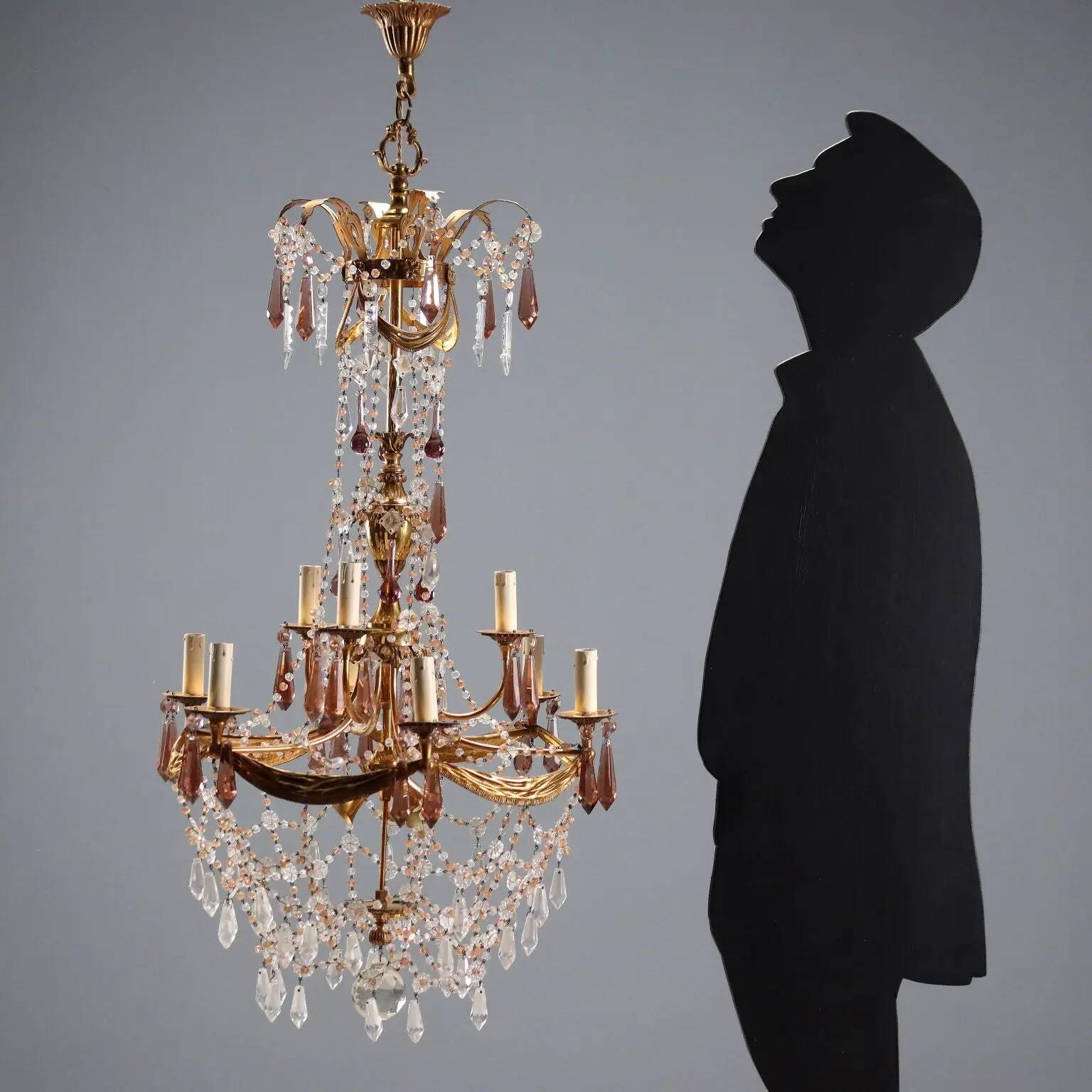 Lustre ancien en bronze et cristal 12 lumières Italie XX Century
