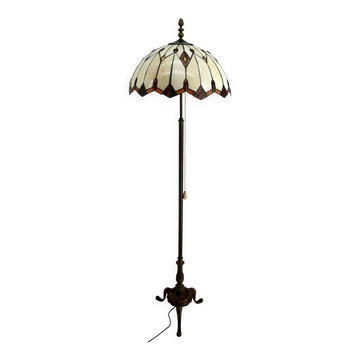 Bronze floor lamp with Tiffany-style stained glass shade – 20th century