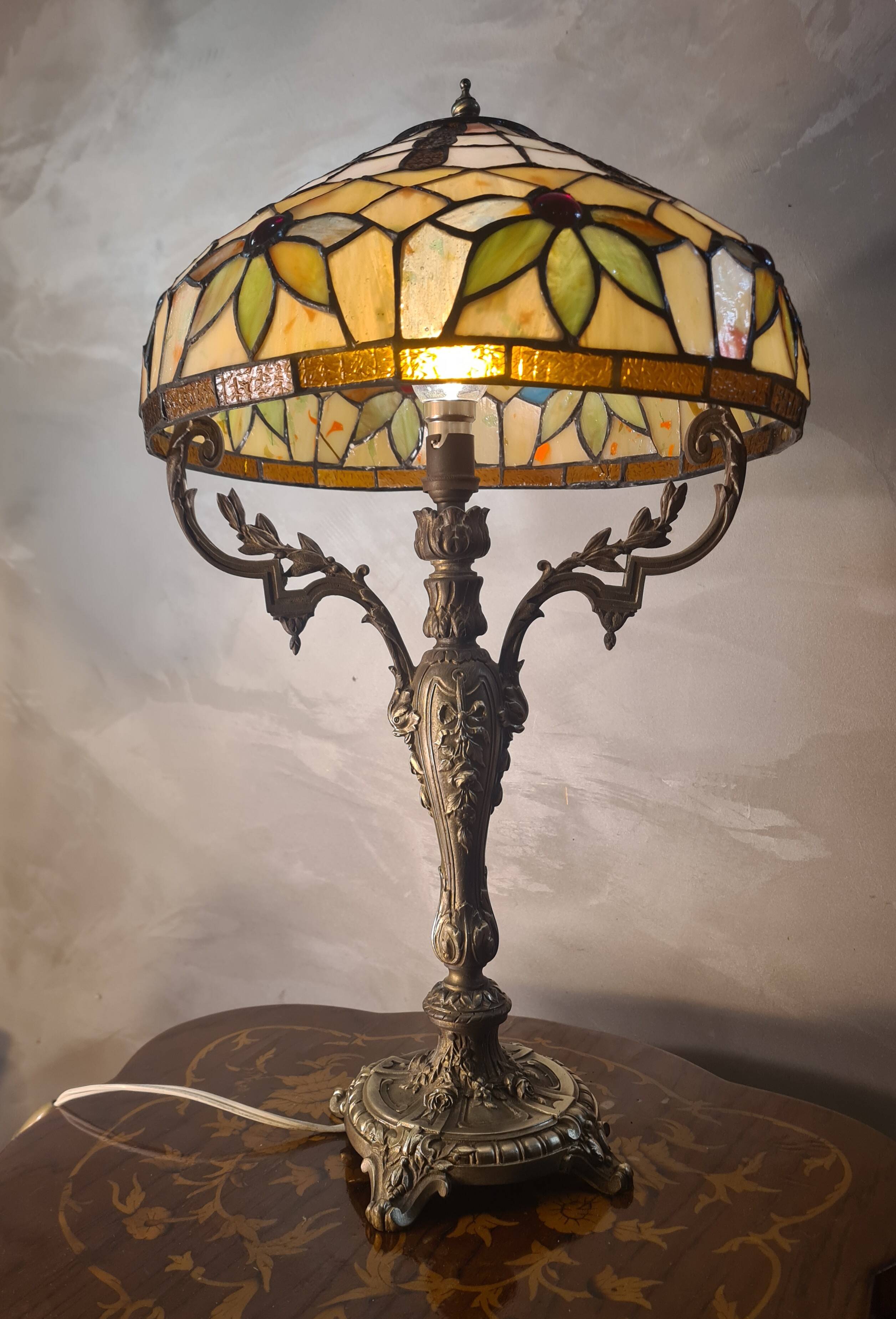 antique 19th century bronze rocaille lamp with a beautiful glass shade soldered with lead