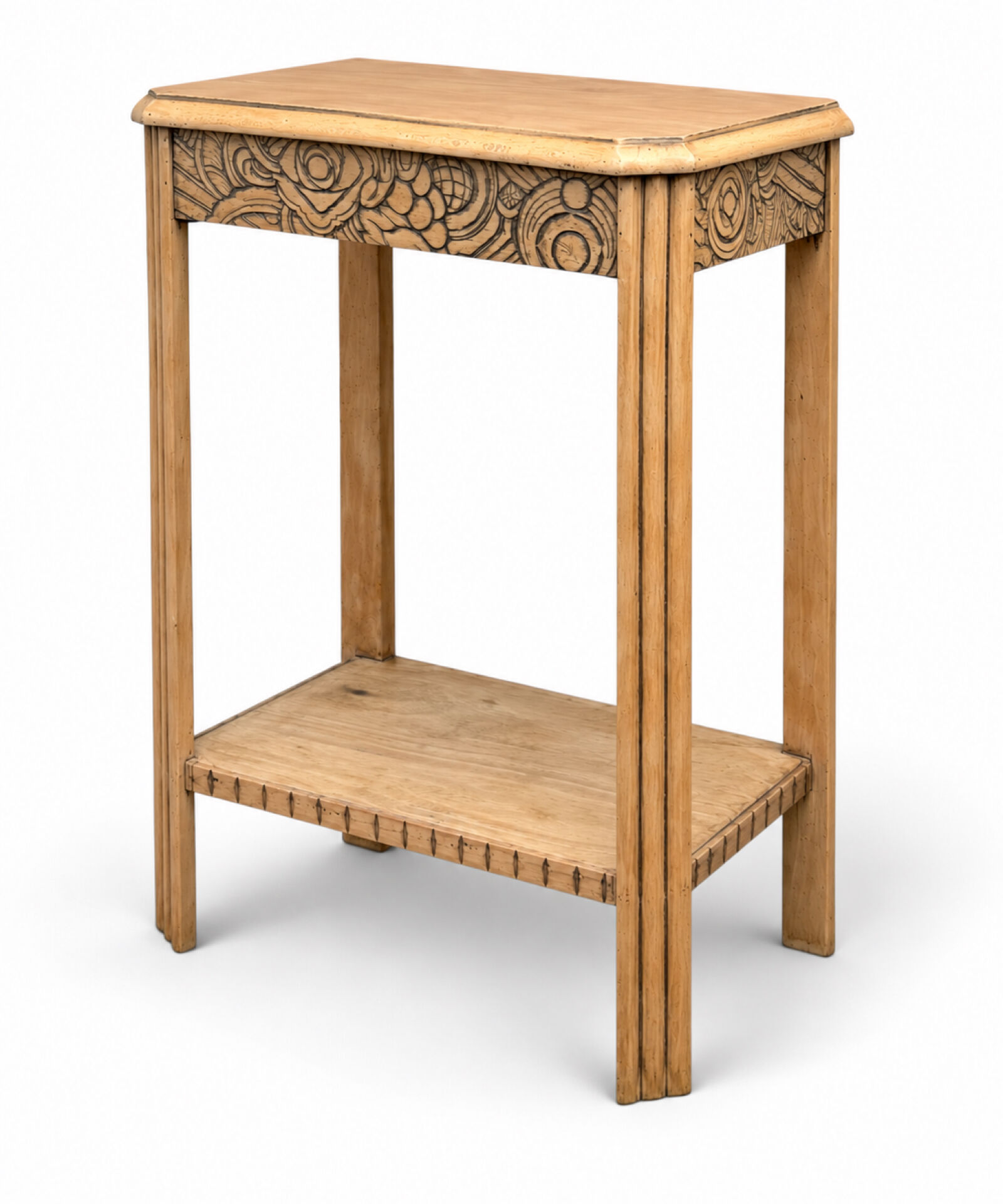 Art Deco console in raw wood with floral decoration, renovated 1930.