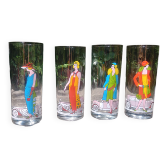Lot de quatre grands verres Vintage au décor "belle époque"