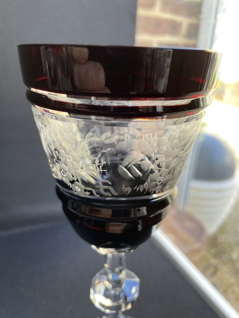 Josephinenhütte - red wine glasses (5) - Art Nouveau - Cut and engraved Crystal Roemer