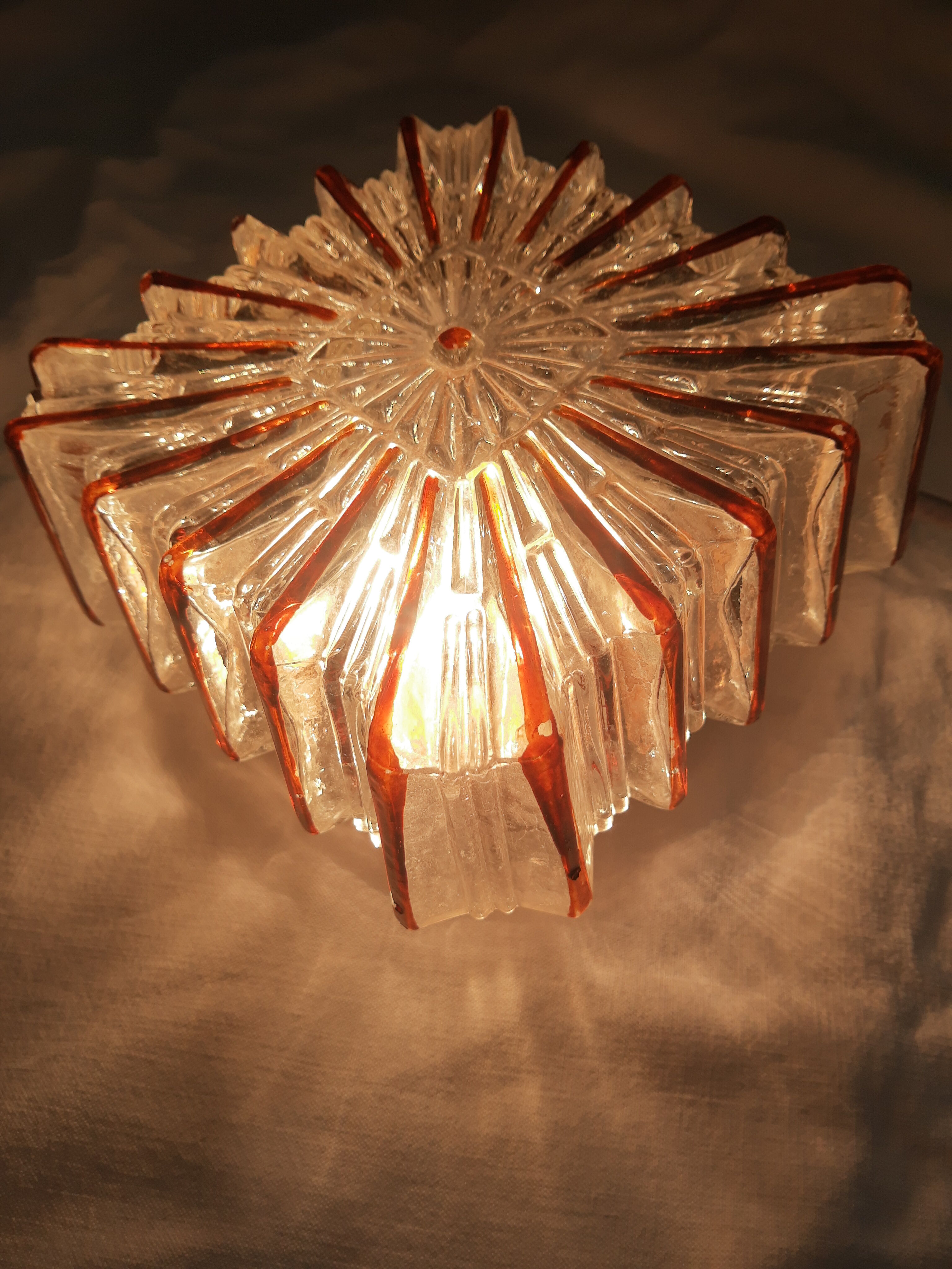 Ceiling lamp / wall lamp in molded glass two-tone square 70s