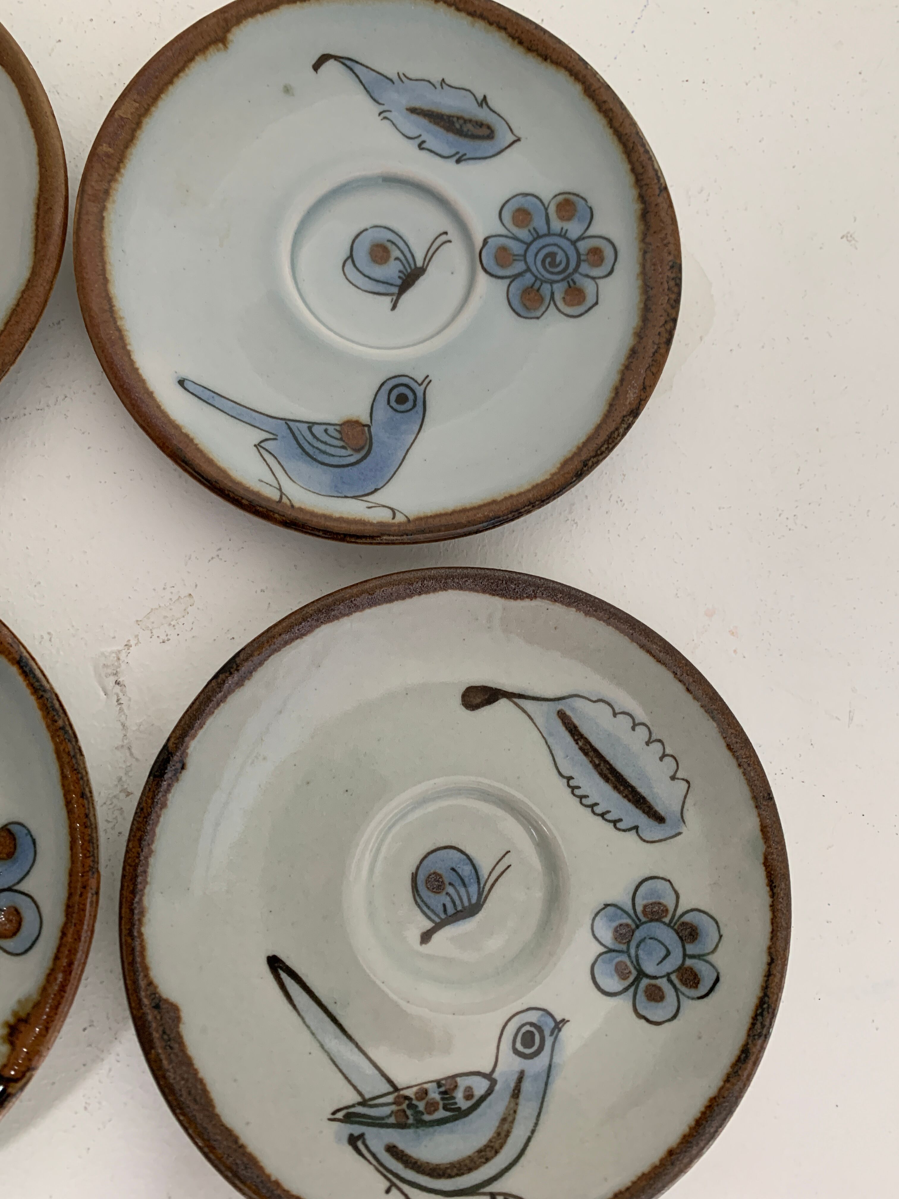 6 ceramic cups Ken Edwards, Tonala, Mexico, with sub cups and sugar