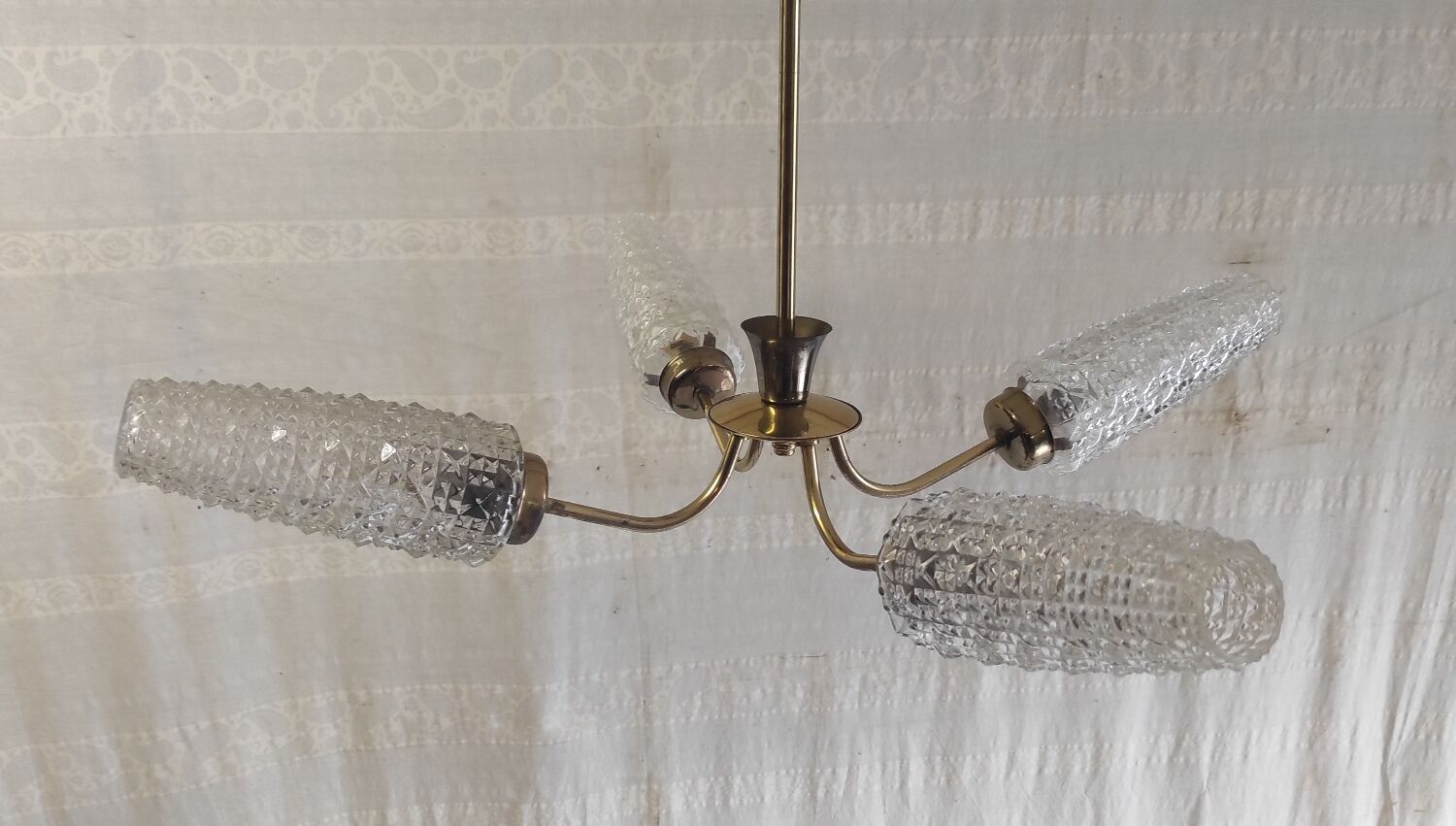 Brass chandelier with 4 lights and glass tulips - 1950s/60s