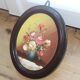 Small vintage oval painting – Raised bouquet of flowers – Retro burgundy frame