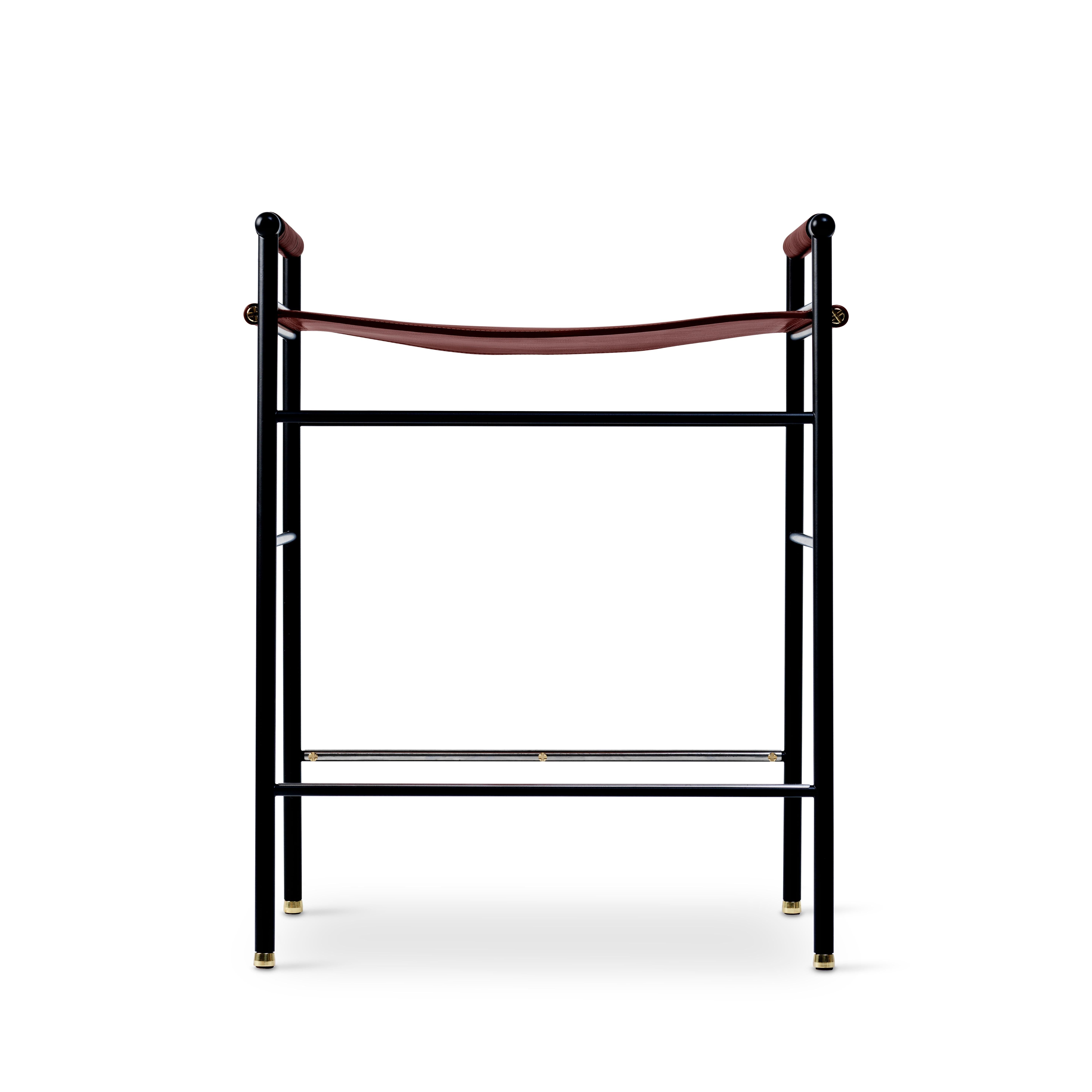 Set of 3 contemporary bar stools, cognac leather, black rubber metal.