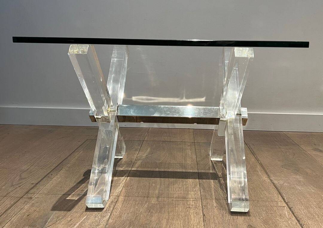 Pair of Plexiglass and Chrome Side Tables with X-shaped Legs, Work
