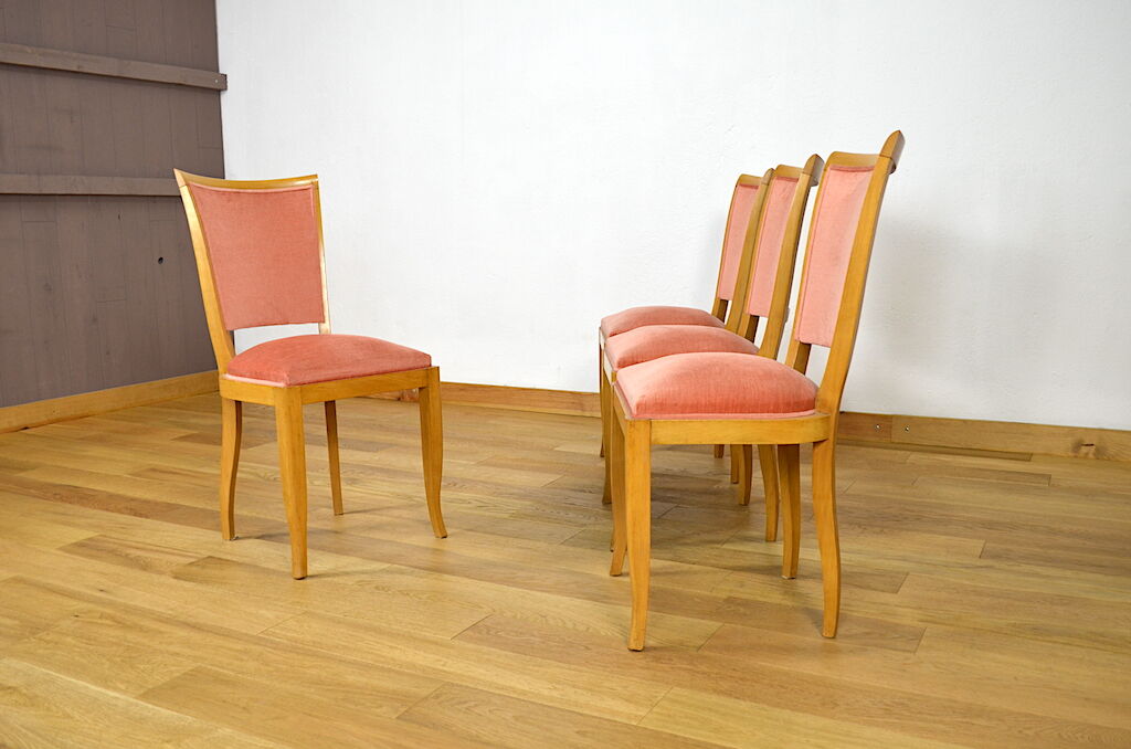 4 chaises hêtre & velours vintage 1950