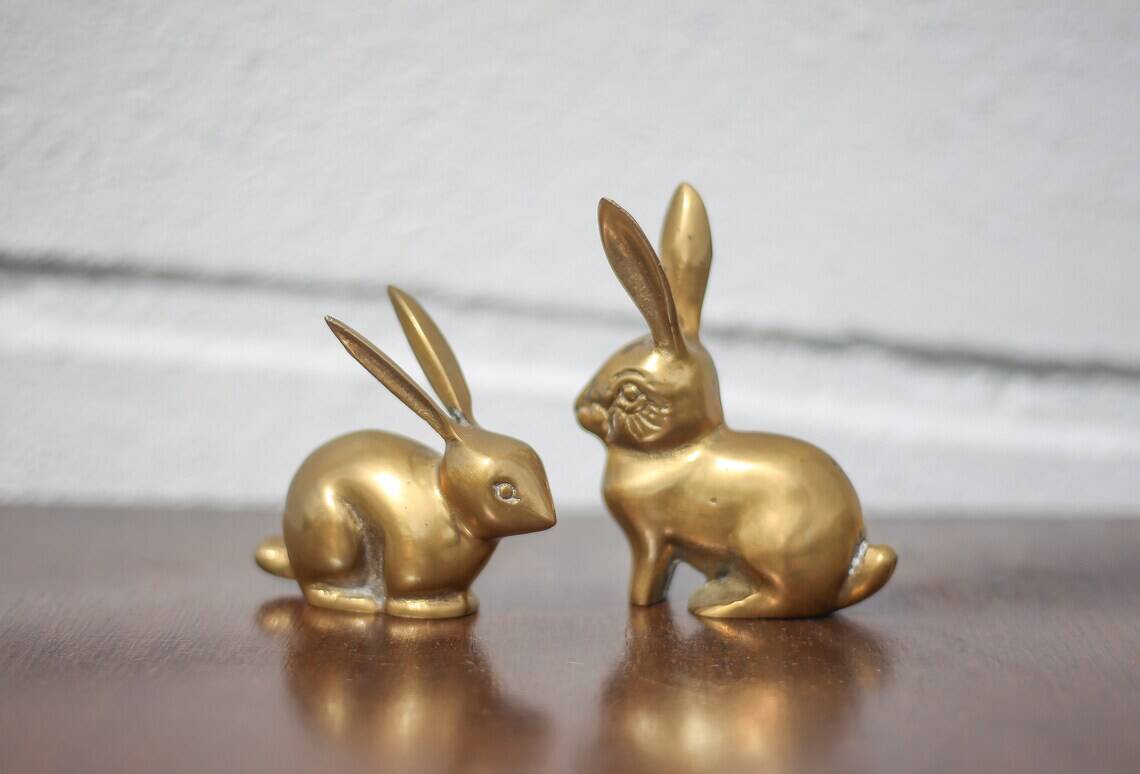 Pair of brass rabbit, rabbit statue, brass animal, rabbit figurine, collection, rabbit, brass rabbit