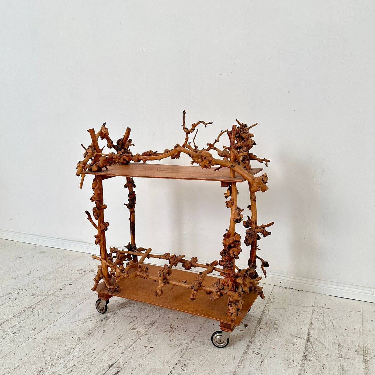 Mid-Century Bar Cart in Brown Burl, Plywood and Root Wood, 1960s