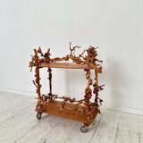 Mid-Century Bar Cart in Brown Burl, Plywood and Root Wood, 1960s