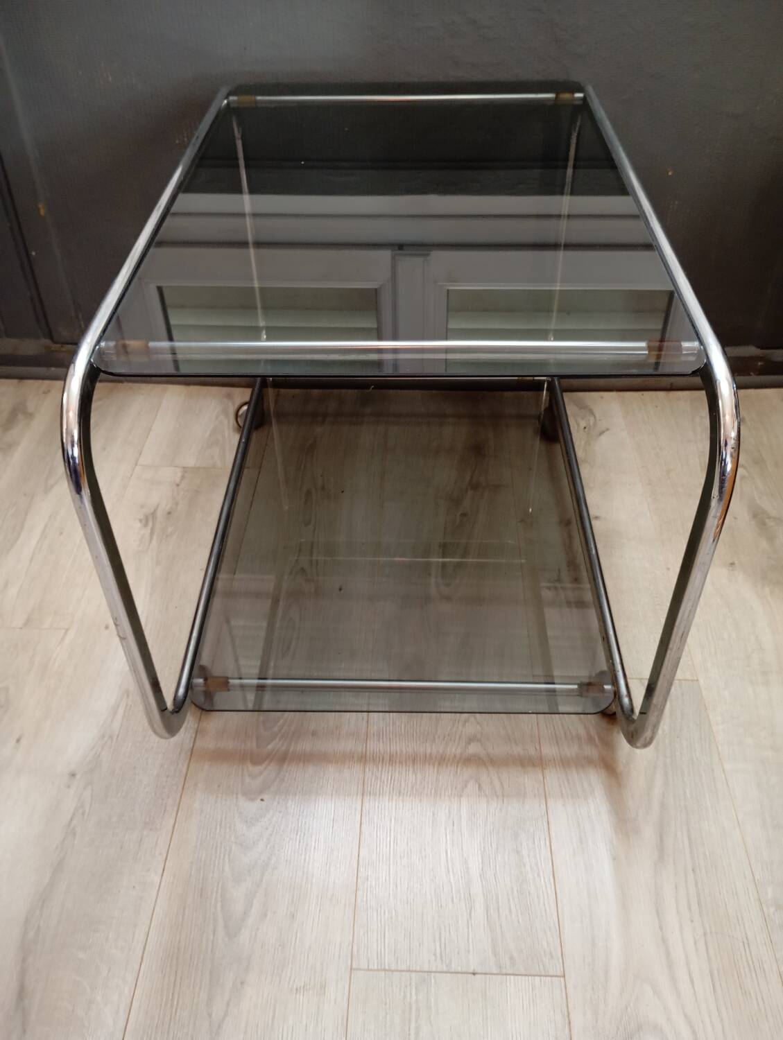 Desserte vintage en aluminium brossé et verre