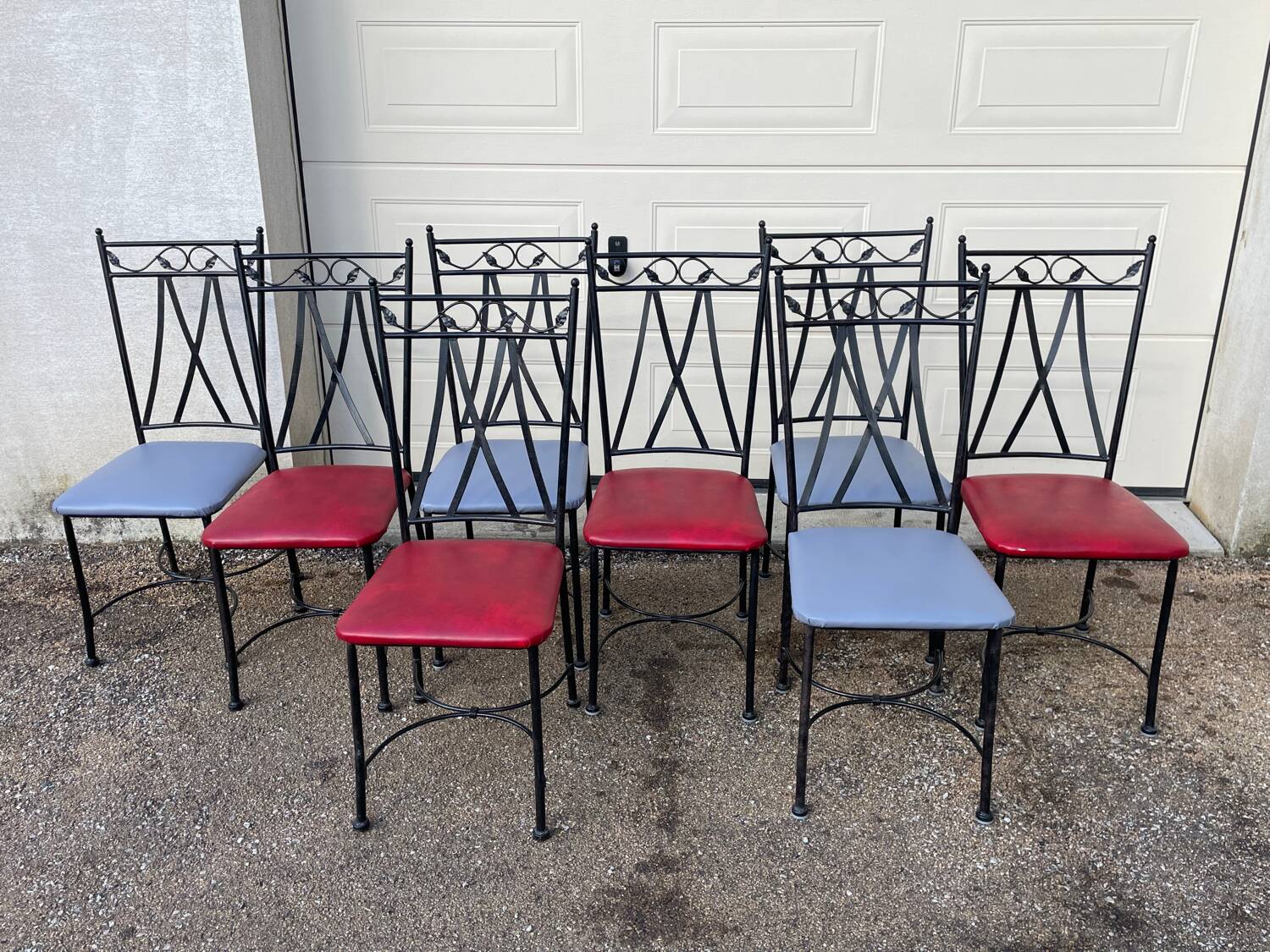 Glass and iron table with two side tables and 8 chairs