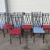 Glass and iron table with two side tables and 8 chairs