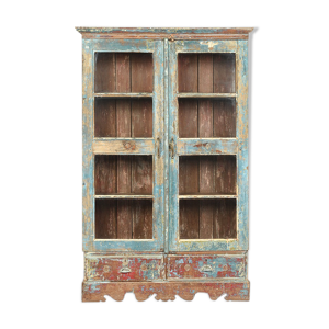 vitrine en bois patiné à 2 tiroirs