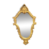 Classic Baroque/Louis XV style mirror. In old gold patinated wood. Palmette/Scroll/Blazon motif decor. Dim 46 x 27 cm