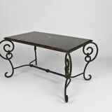 Coffee table in patinated wrought iron and black marble, circa 1940