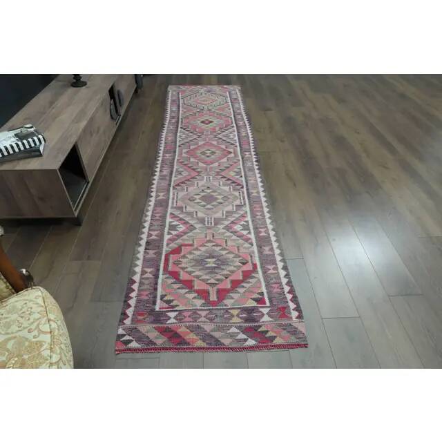 1970s Vintage Turkish Oushak Handmade Wool Cotton Pink Runner Rug 87x333