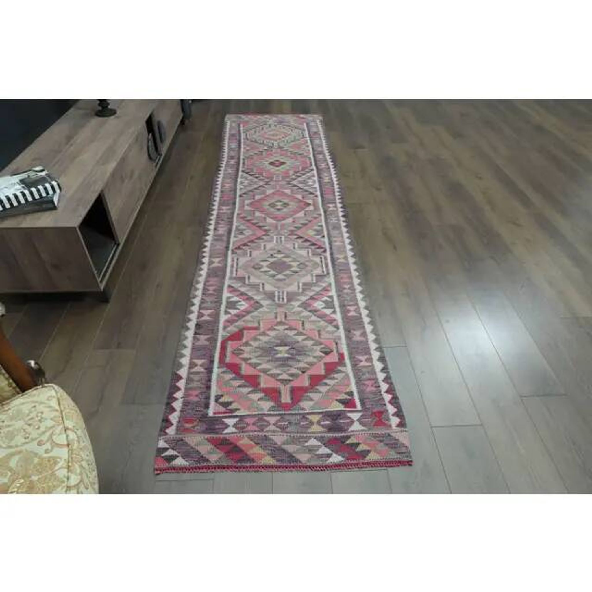 1970s Vintage Turkish Oushak Handmade Wool Cotton Pink Runner Rug 87x333